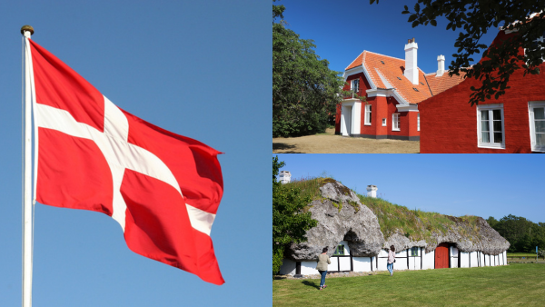 Bilder p� en dansk flagga, och typiskt danska hus fr�n f�rr